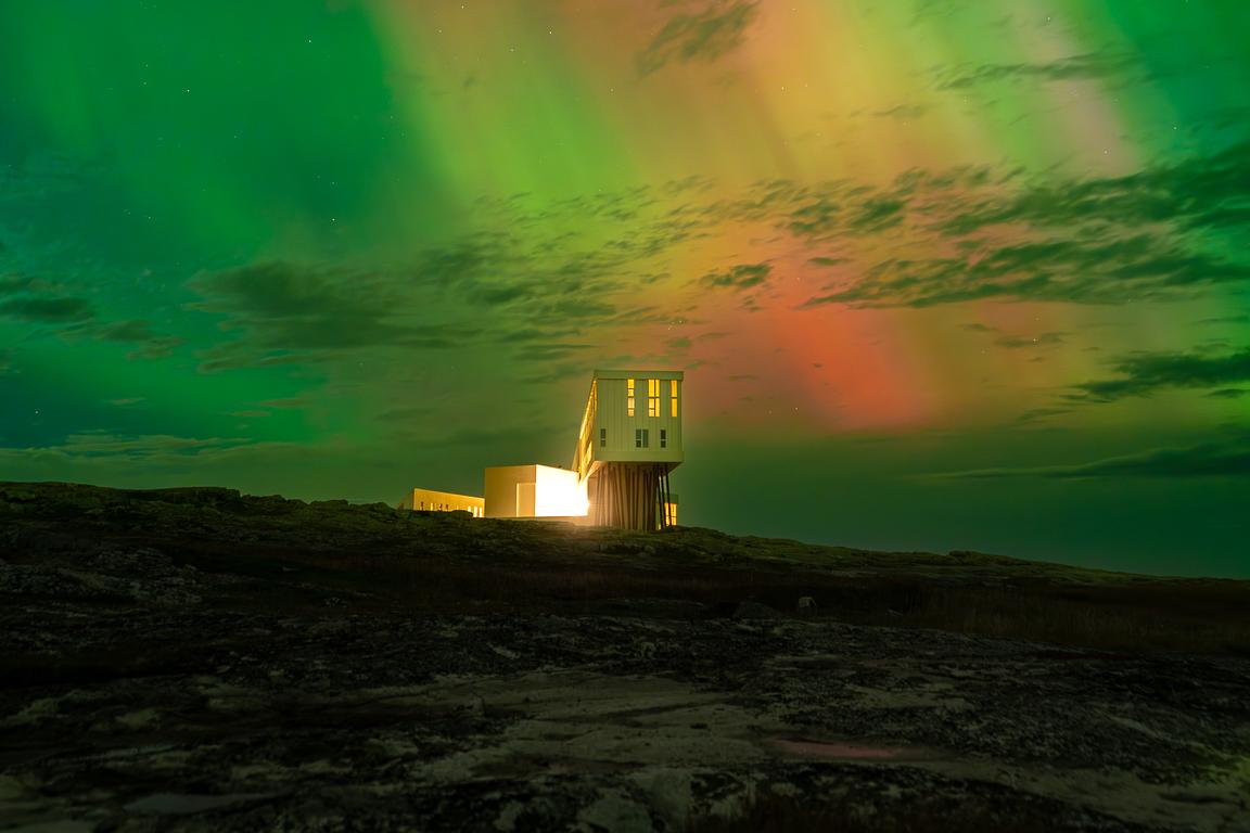Fogo Island Inn beneath the northern lights